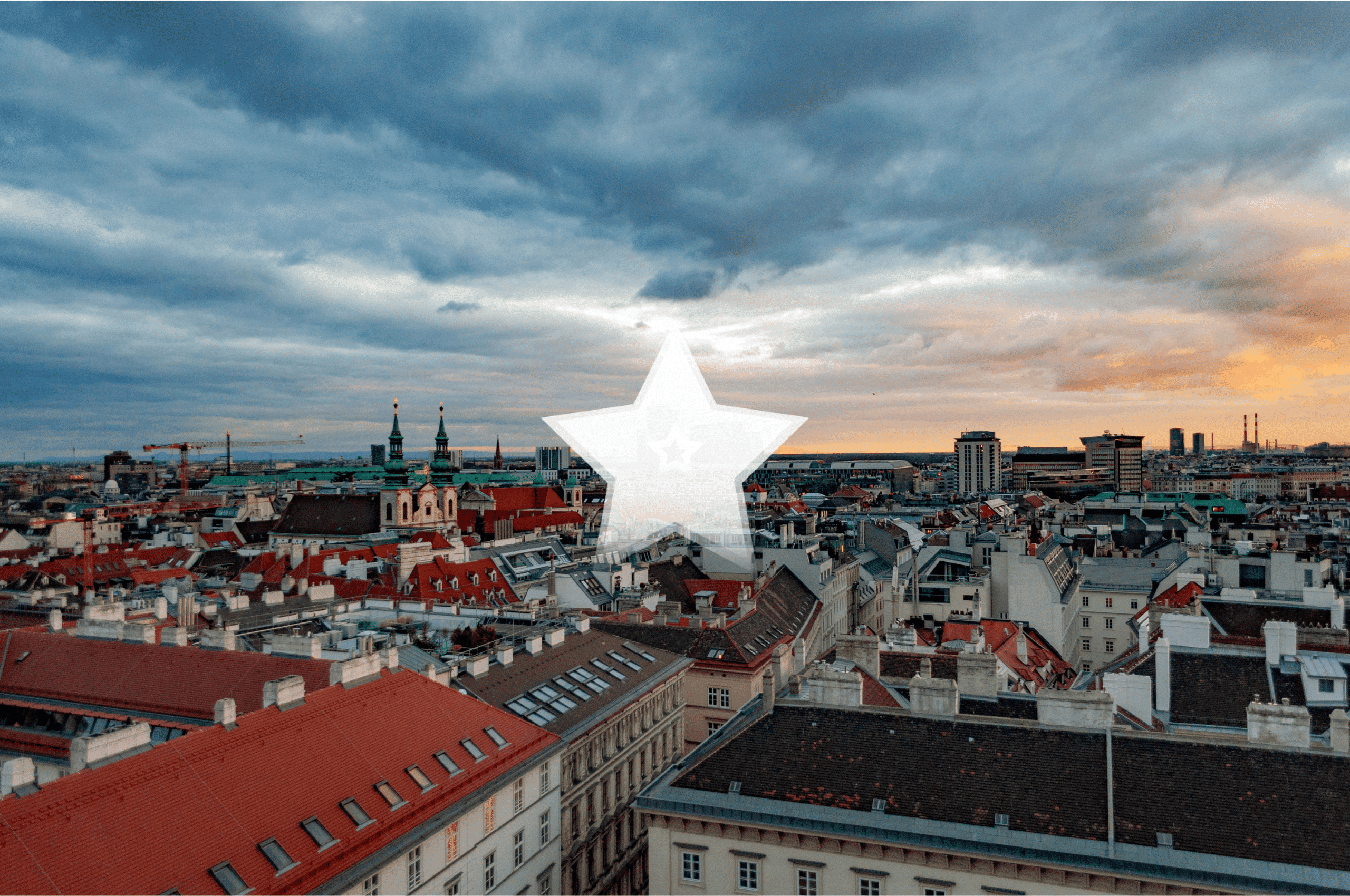 Blick über eine Stadt mit Sternsymbol in der Mitte