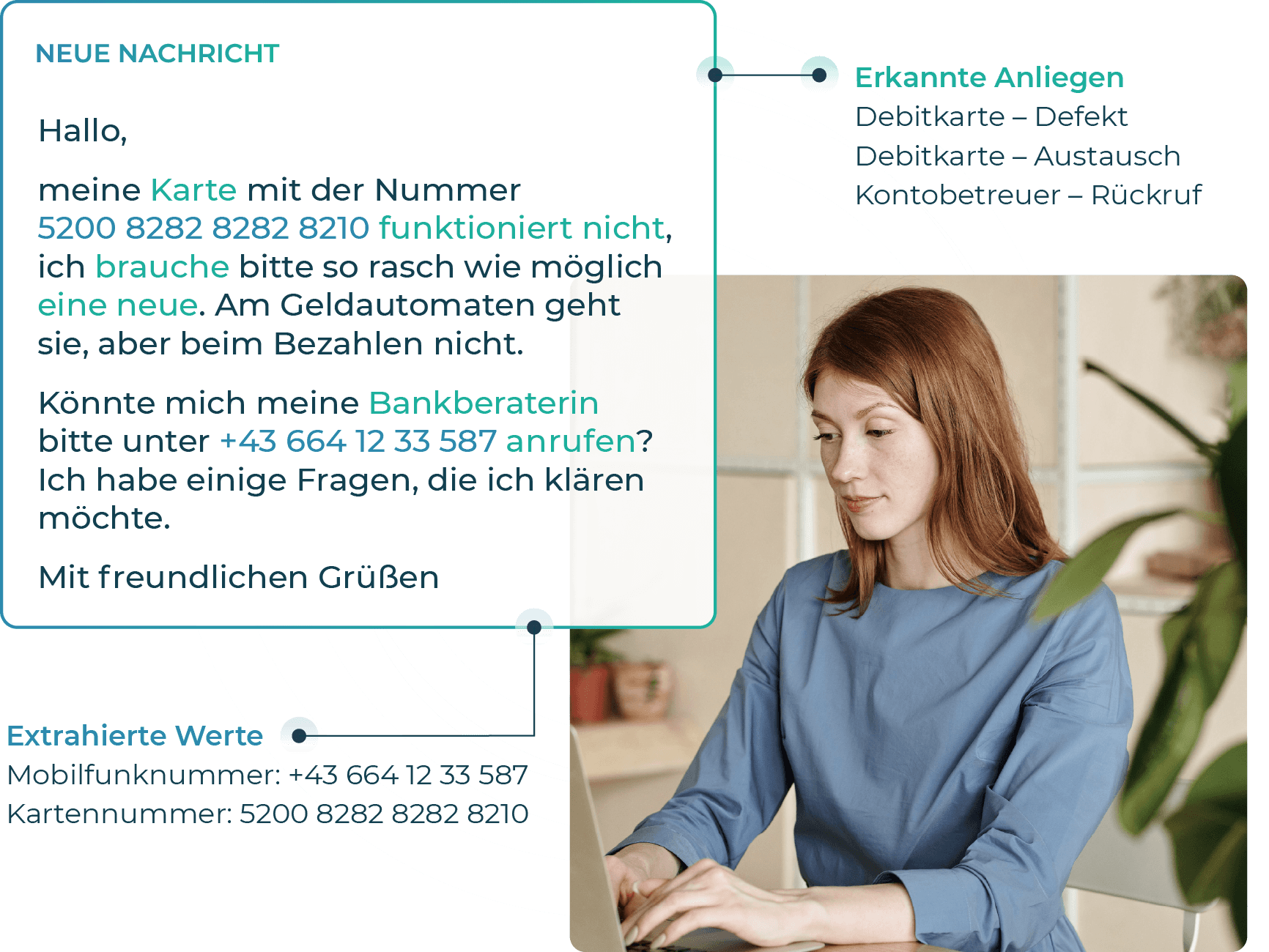 Kundin kontaktiert Chatbt um defekte Bankkarte zu tauschen