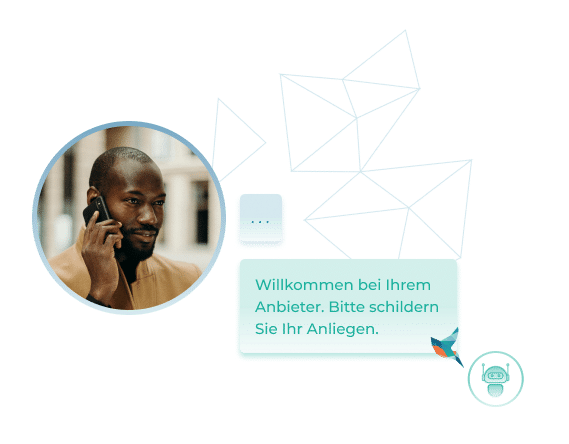 Ein Mann telefoniert. Deepsearch antwortet:"Willkommen bei Ihrem Anbieter. Bitte schildern Sie Ihr Anliegen."
