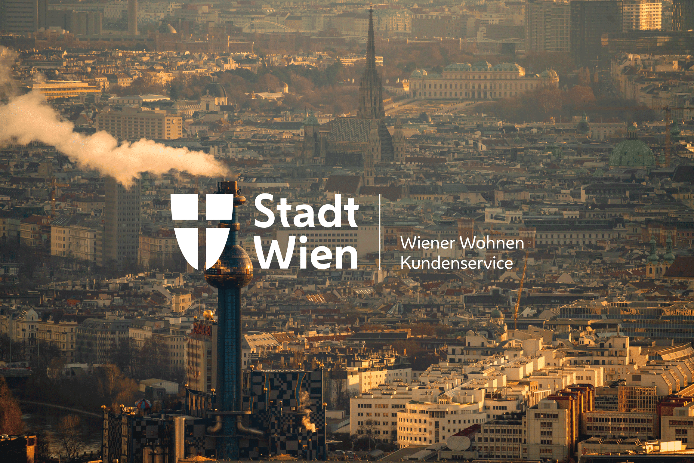 Logo Stadt Wien | Wiener Wohnen Kundenservice. Im Hintergrund Wien von oben