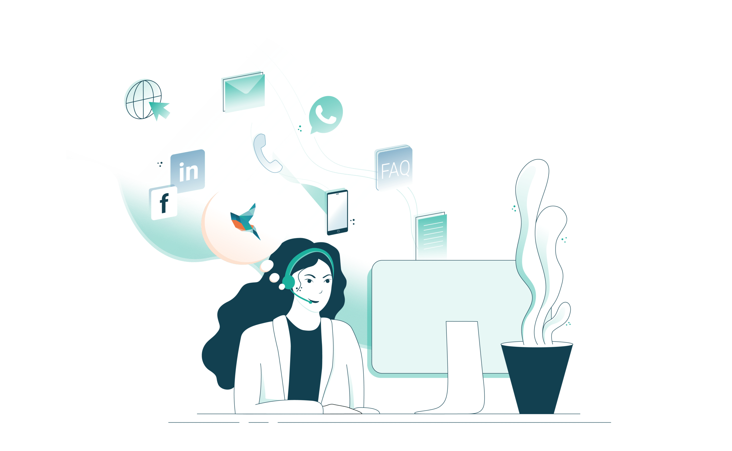 Illustration von Frau am Computer, über ihr schweben zum Internet passende Symbole