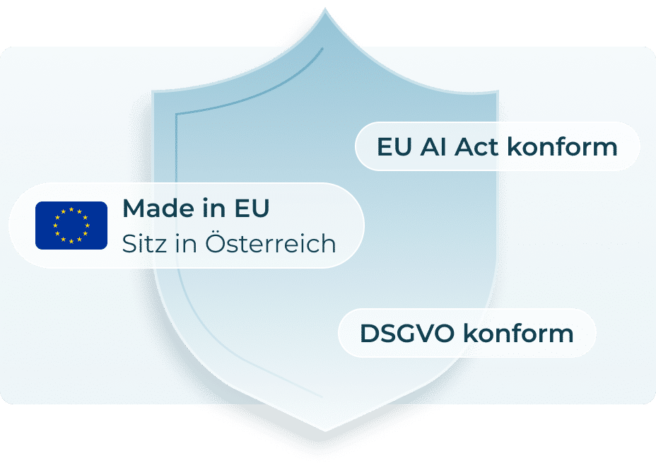 Schild auf dem steht AU AI konform, Made in EU Sitz in Österreich, und DSGVO konform
